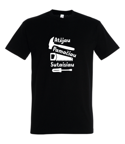 Marškinėliai Atėjau, pamačiau, sutaisiau L ir XL dydžio.